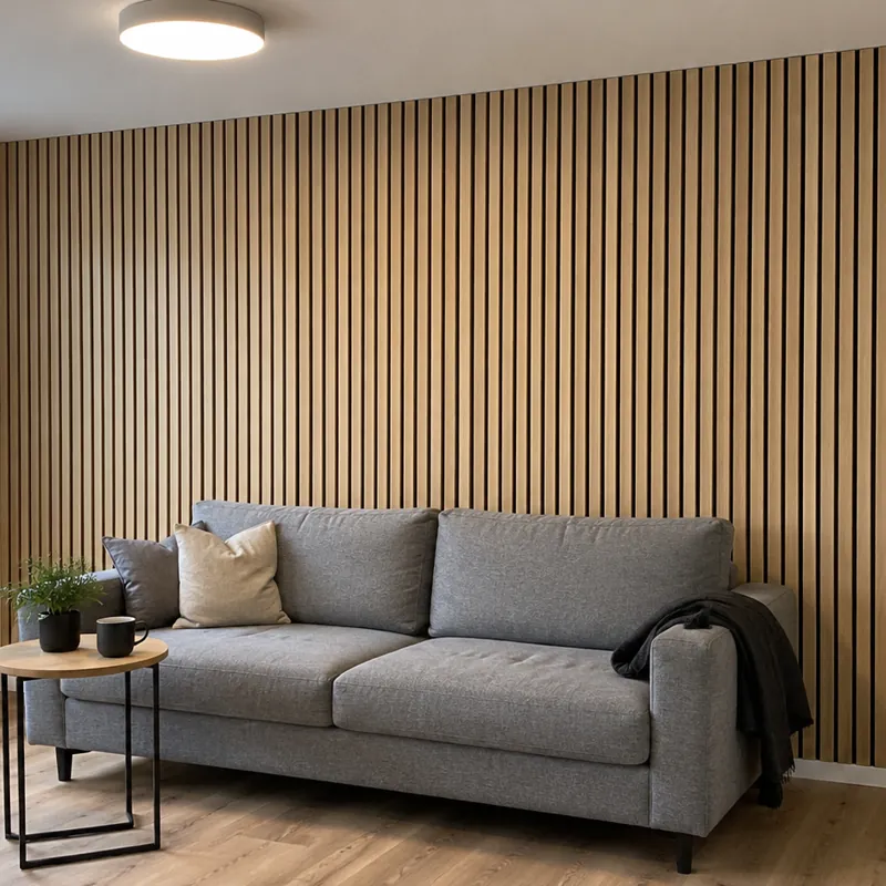 Wohnzimmer mit Wand aus WPC Wandpaneelen in Holzoptik