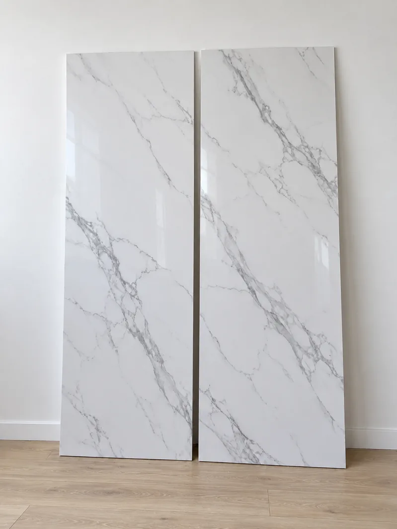 PVC Wandverkleidung in Marmoroptik, an eine Wand gelehnt